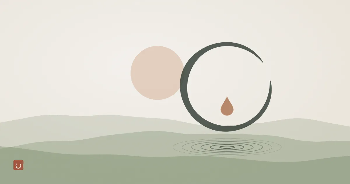 Abstract ink wash illustration of a soft round form in warm peach and cream tones cradled by gentle curving lines, representing gentle body care during pregnancy