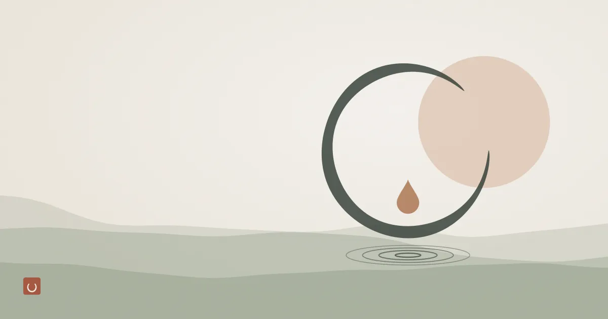 Abstract ink wash illustration of a single soft petal resting on still pale water, representing gentle body care for sensitive skin