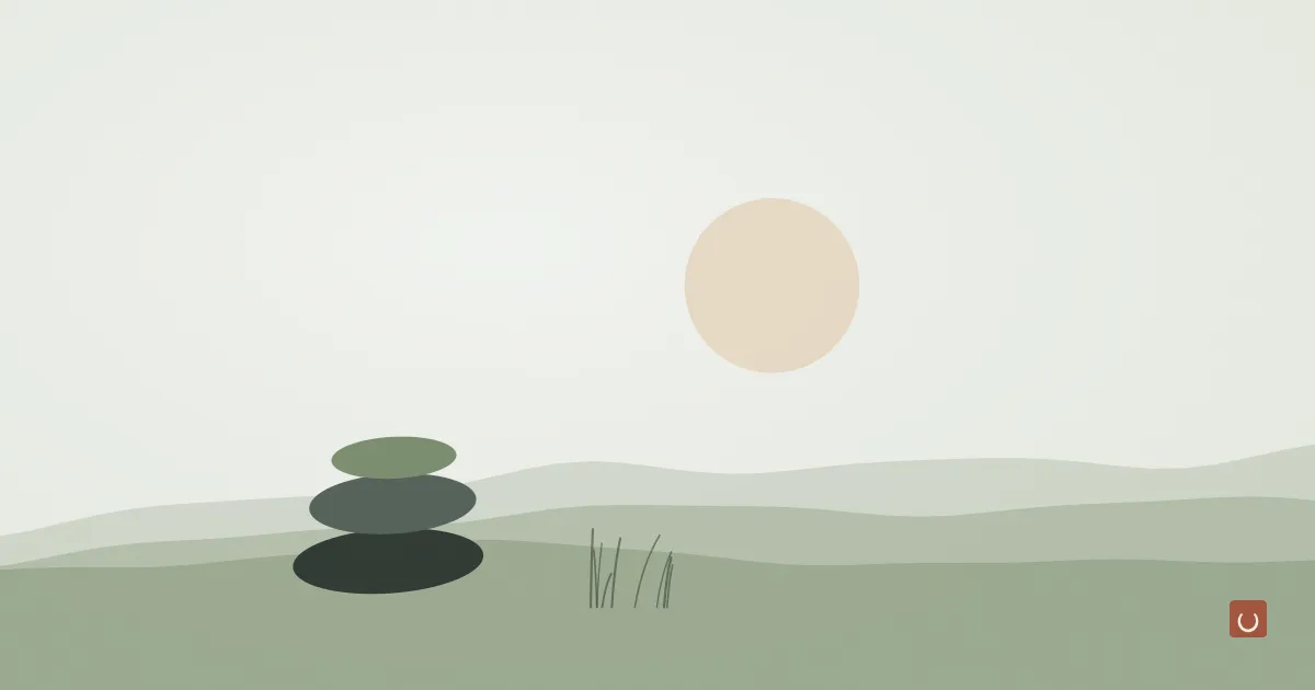Calm ink wash illustration of stacked stones beside tall grass